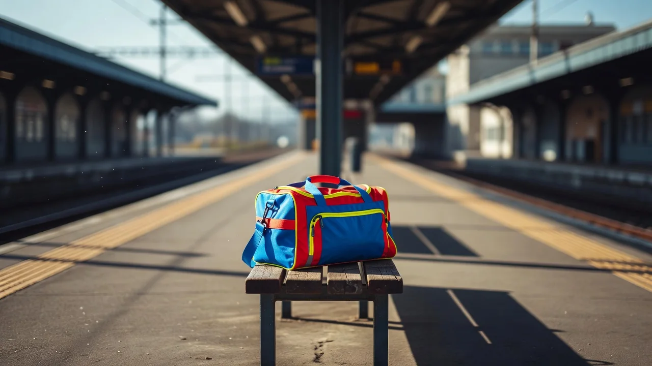 A sports kit bag on a bench at an empty train station platform