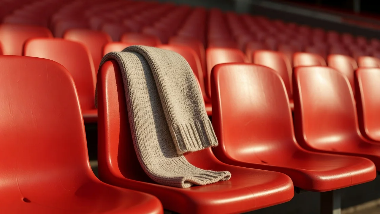 A plain matchday scarf draped over a single red stadium seat
