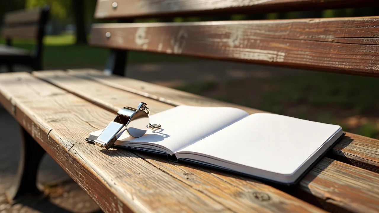 A referee whistle and a blank open notebook on a wooden bench