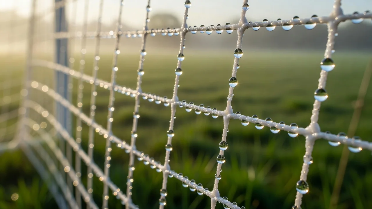 A white goal net in macro close-up with morning dew drops sparkling