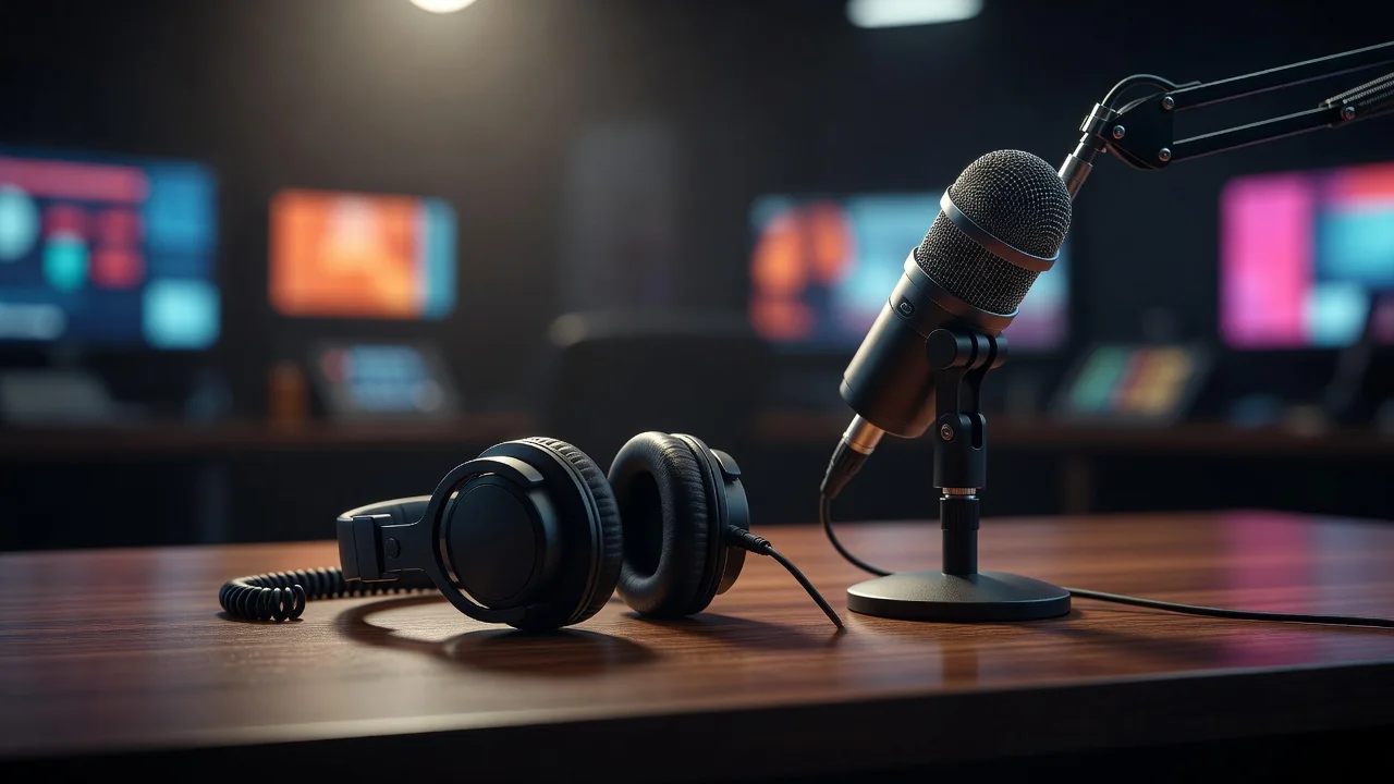 Broadcast headphones and a microphone on a commentary desk