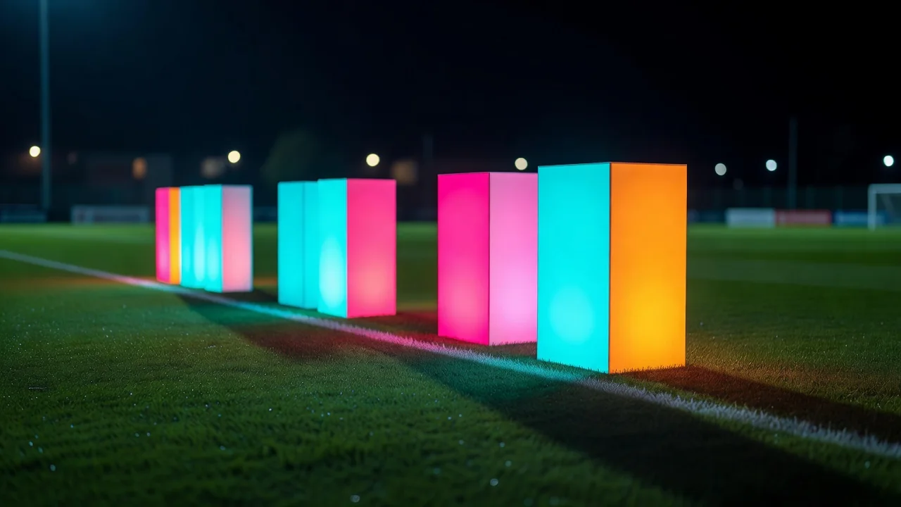 Abstract glowing light panels beside a football touchline at night