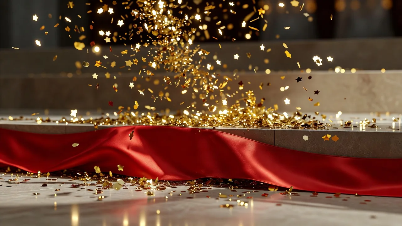 Golden confetti drifting over a red ribbon on a podium step