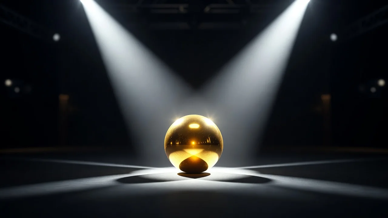 A golden ball trophy glowing on a dark stage with spotlights