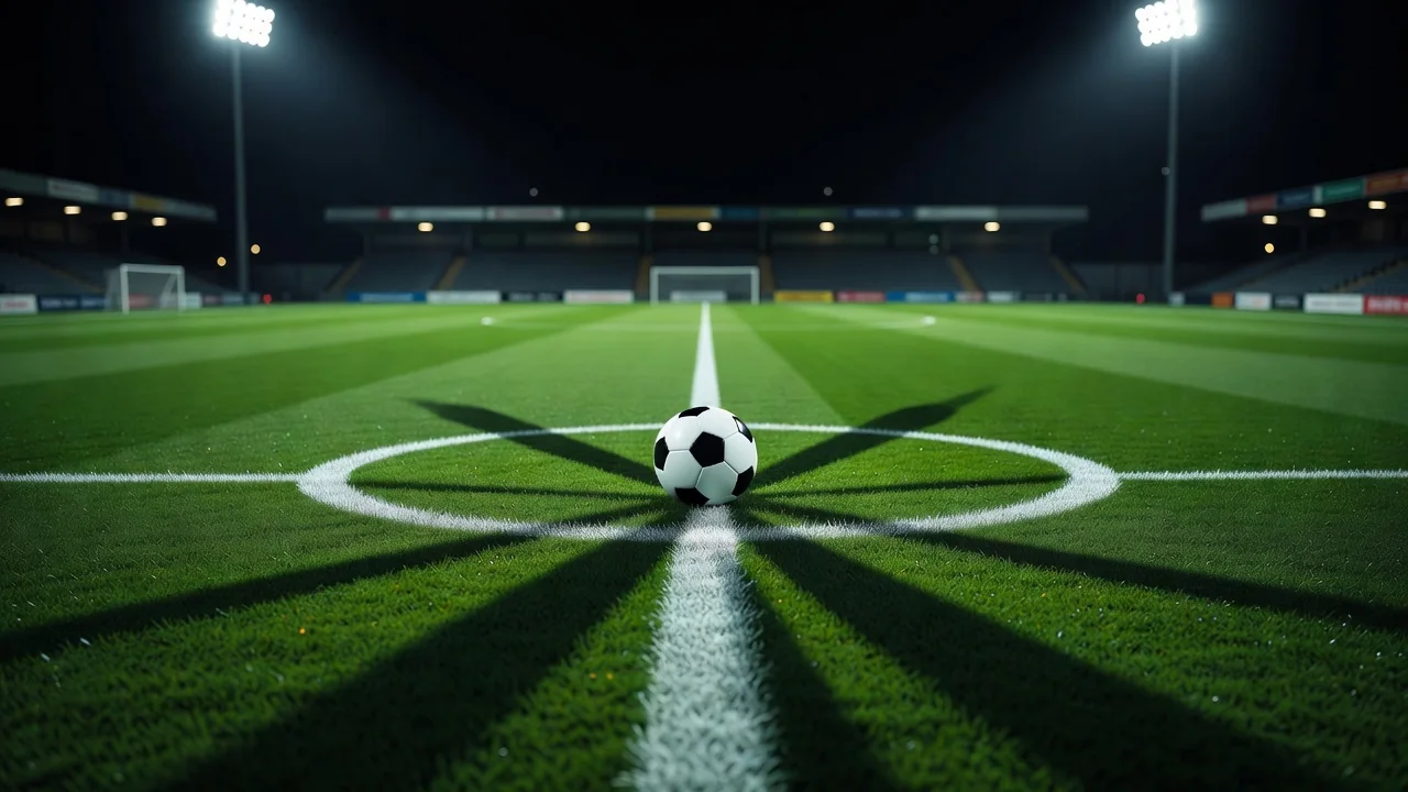 A football resting on the centre spot under stadium floodlights