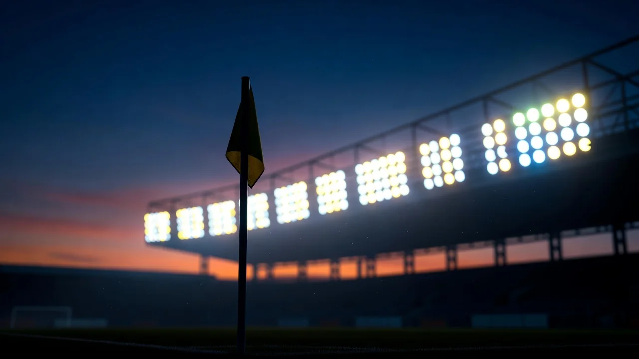 A corner flag silhouetted against a wall of bright stadium lights