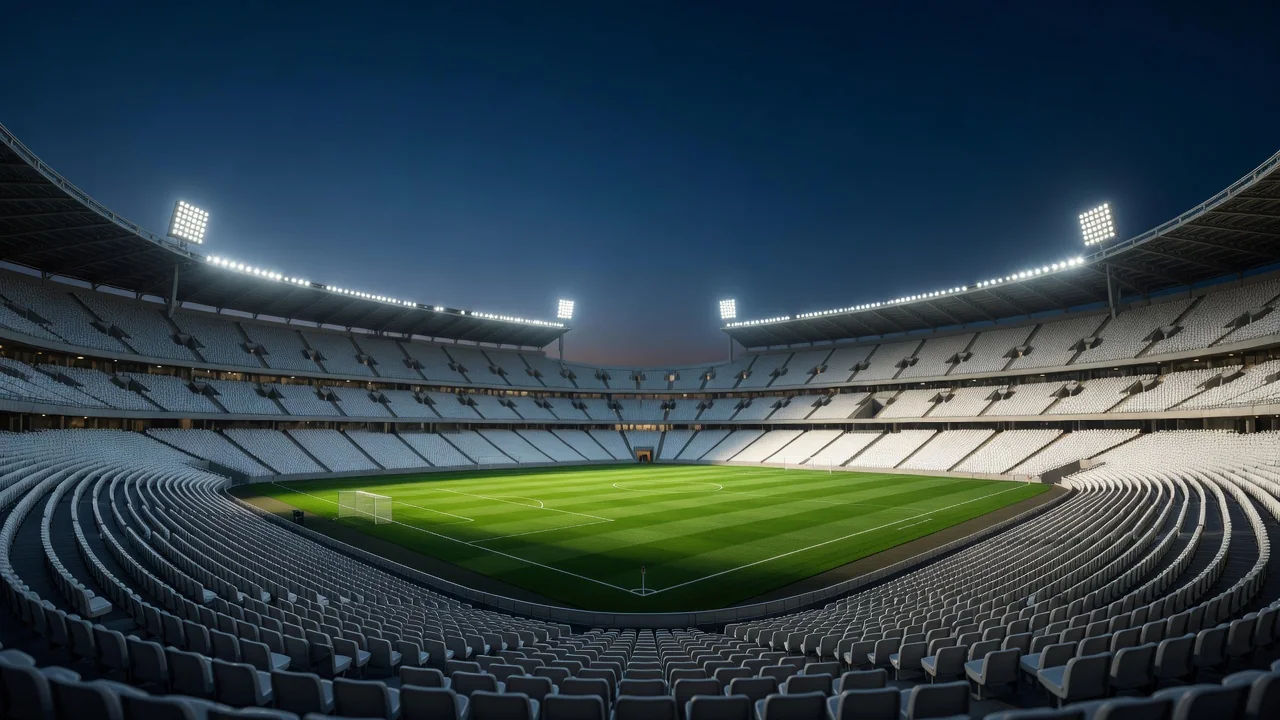 A vast empty stadium bowl under a deep blue evening sky