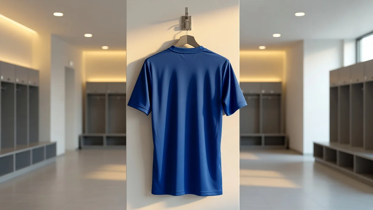 A plain royal blue football shirt hanging in a bright locker room