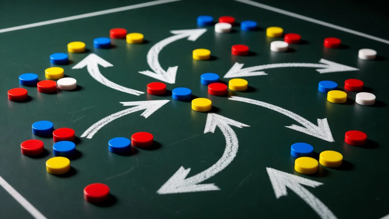 A tactics board with magnets and curved chalk arrows