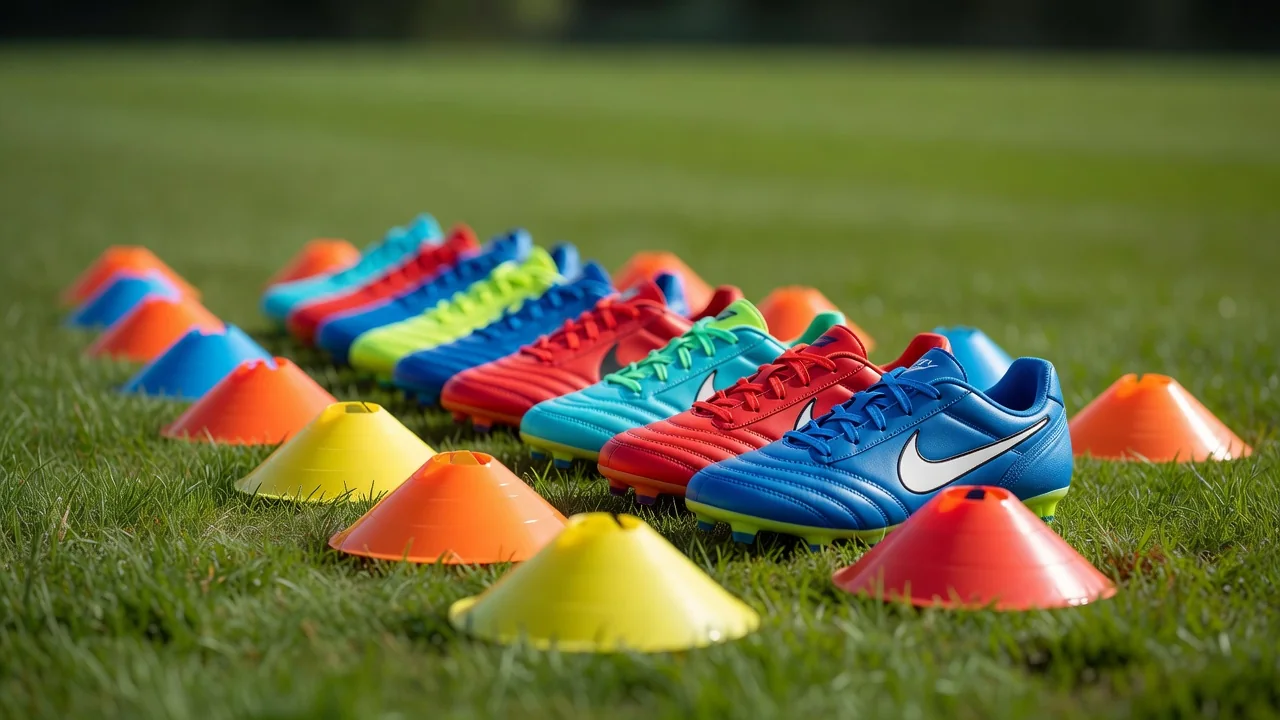 Small colourful football boots lined up on grass beside mini cones