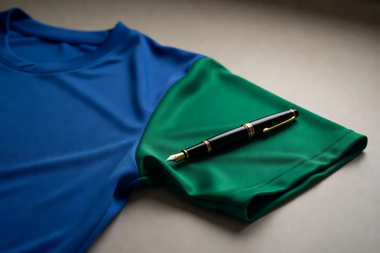 A signed jersey laid flat with a fountain pen resting on the sleeve
