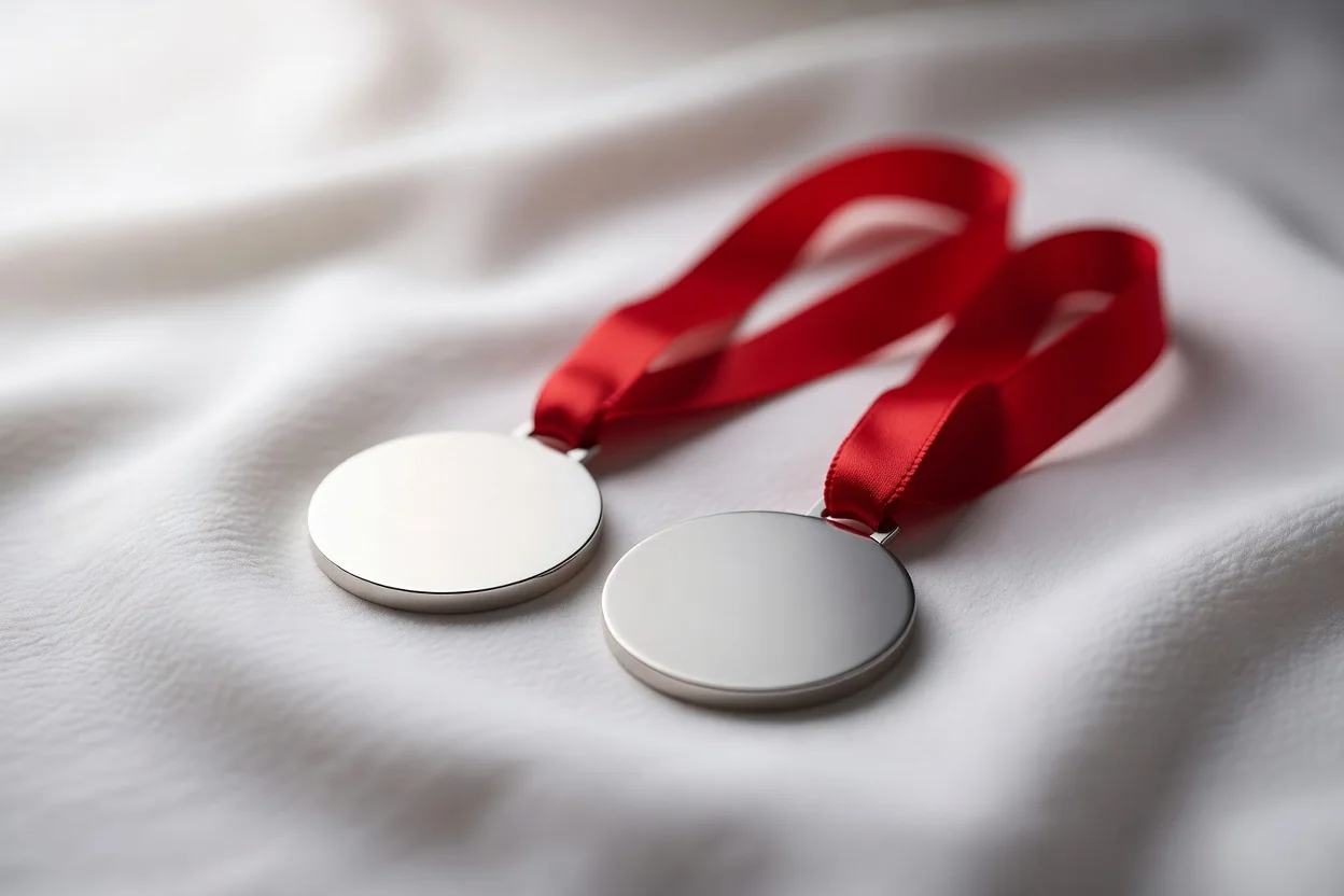 Two silver medals with red ribbons side by side on white fabric