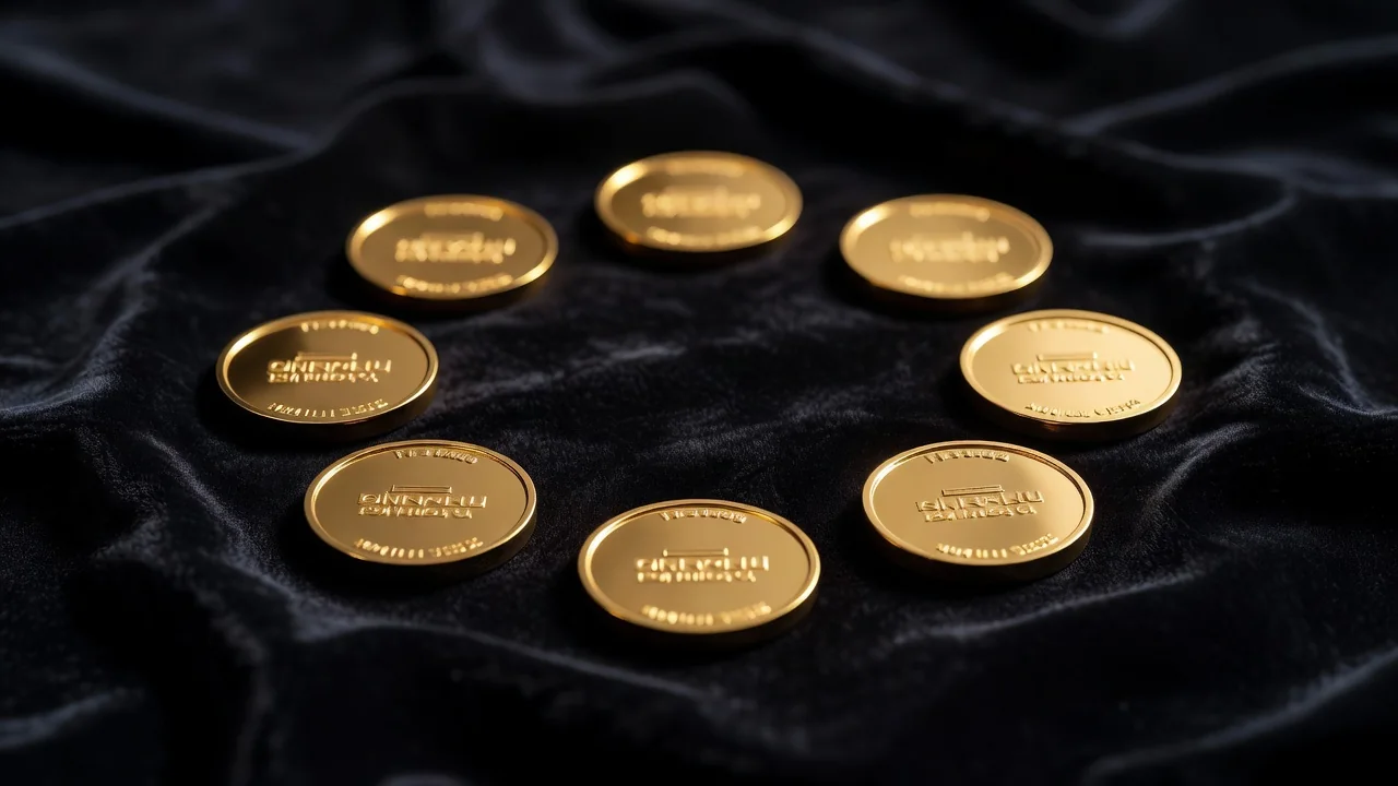 Eight gold medals arranged in a circle on dark velvet