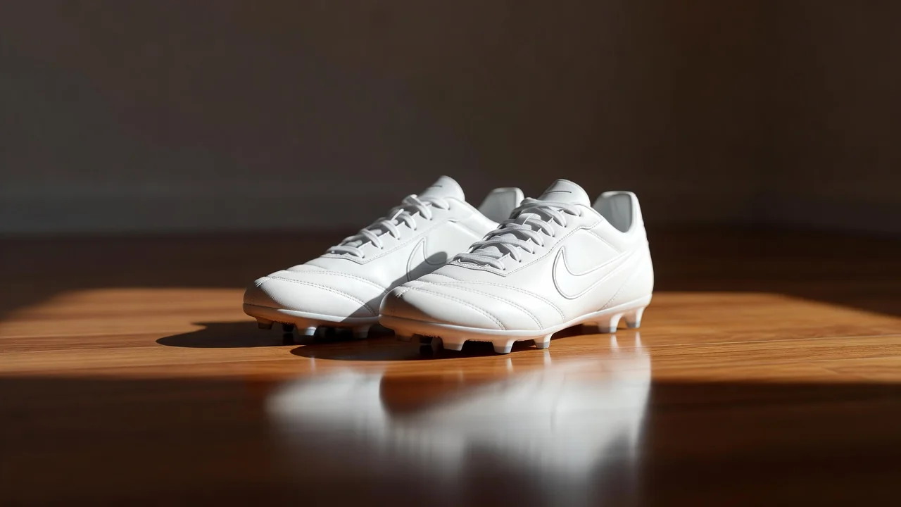 A pair of bright white football boots on a polished wooden floor