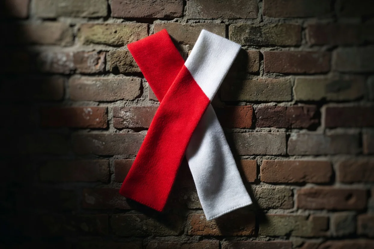 Two plain football scarves, one red and one white, crossed on a wall