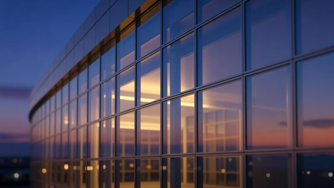 A gleaming new stadium exterior at dusk with glass and steel curves