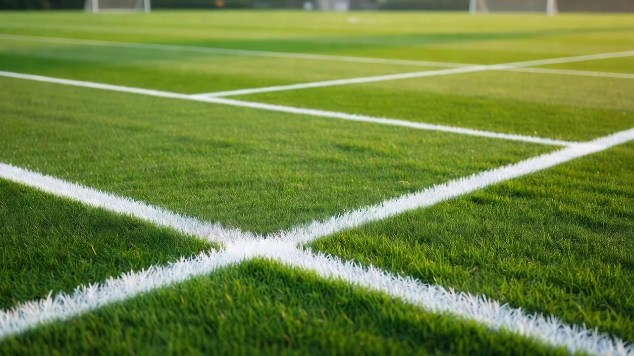 A fresh green pitch with crisp white lines seen from the stands