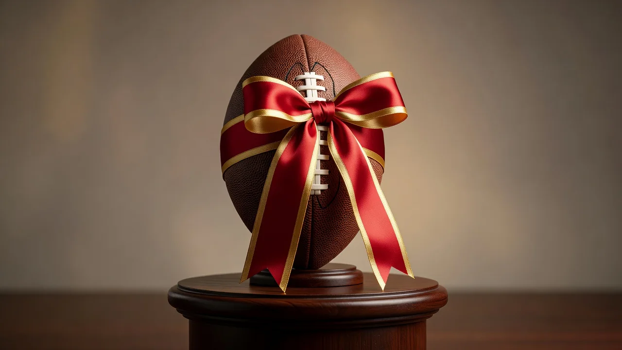 A red and gold ribbon tied around a football on a pedestal