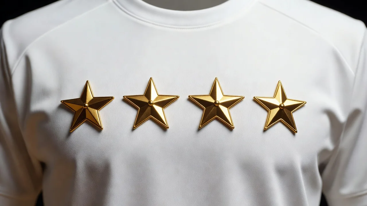 Four gold stars pinned on a plain white jersey chest