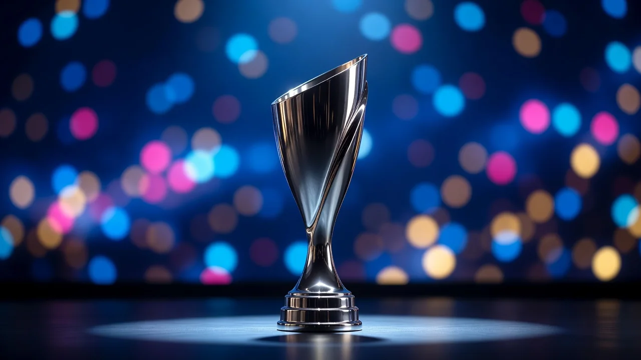 A silver trophy silhouette against dark blue bokeh lights