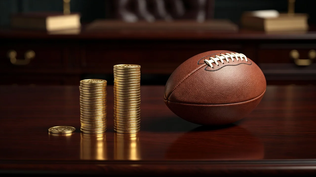 A neat stack of gold coins beside a leather football on a desk