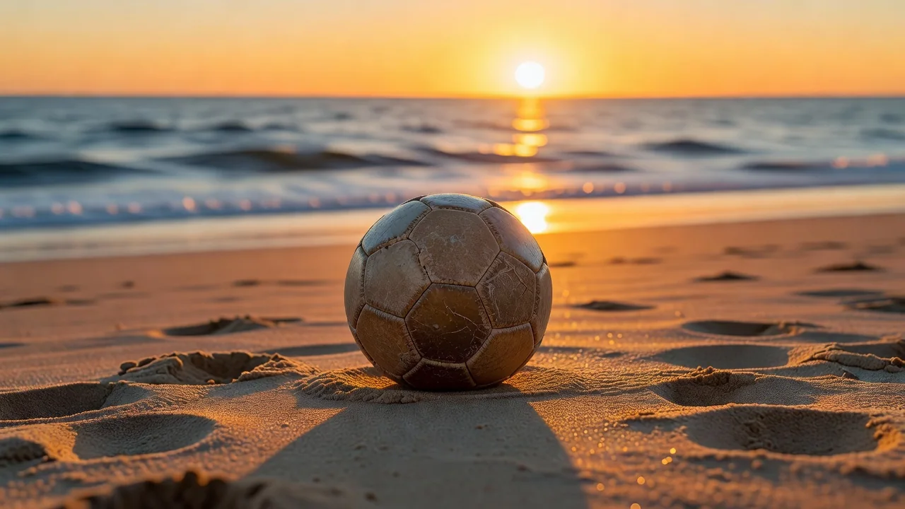A weathered football on a golden beach pitch at sunset