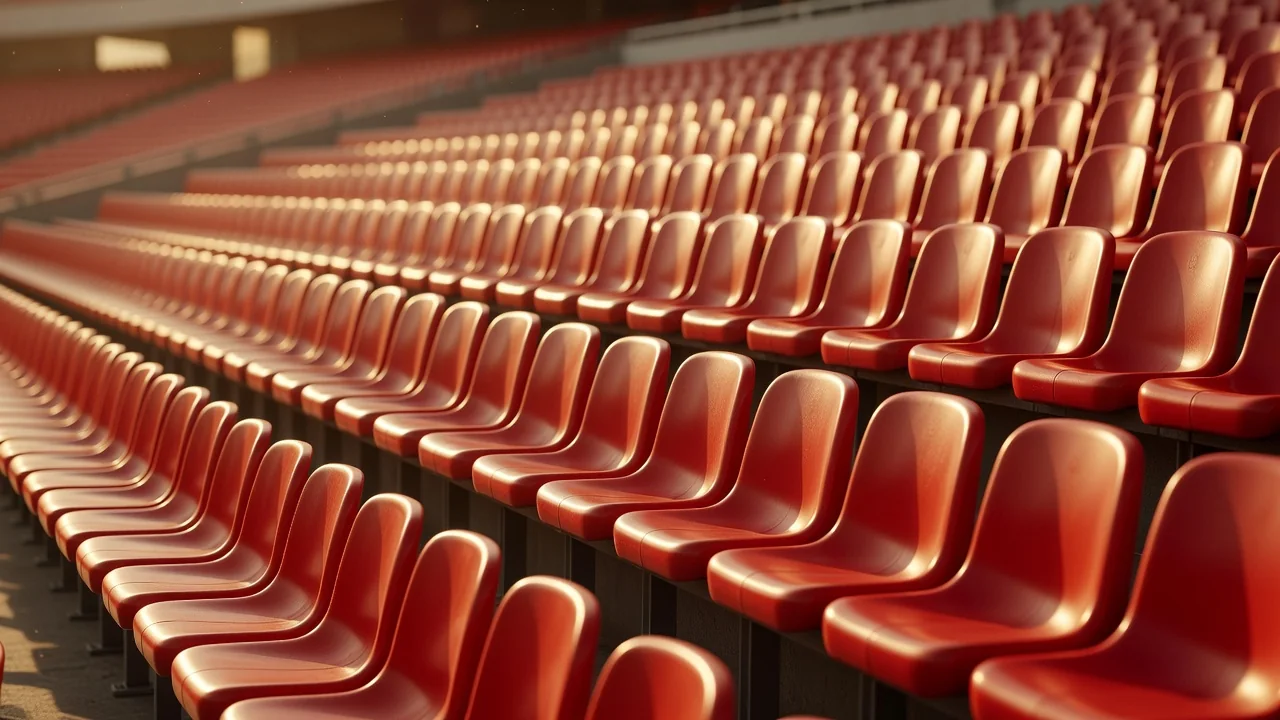 Rows of red stadium seats glowing in late afternoon light