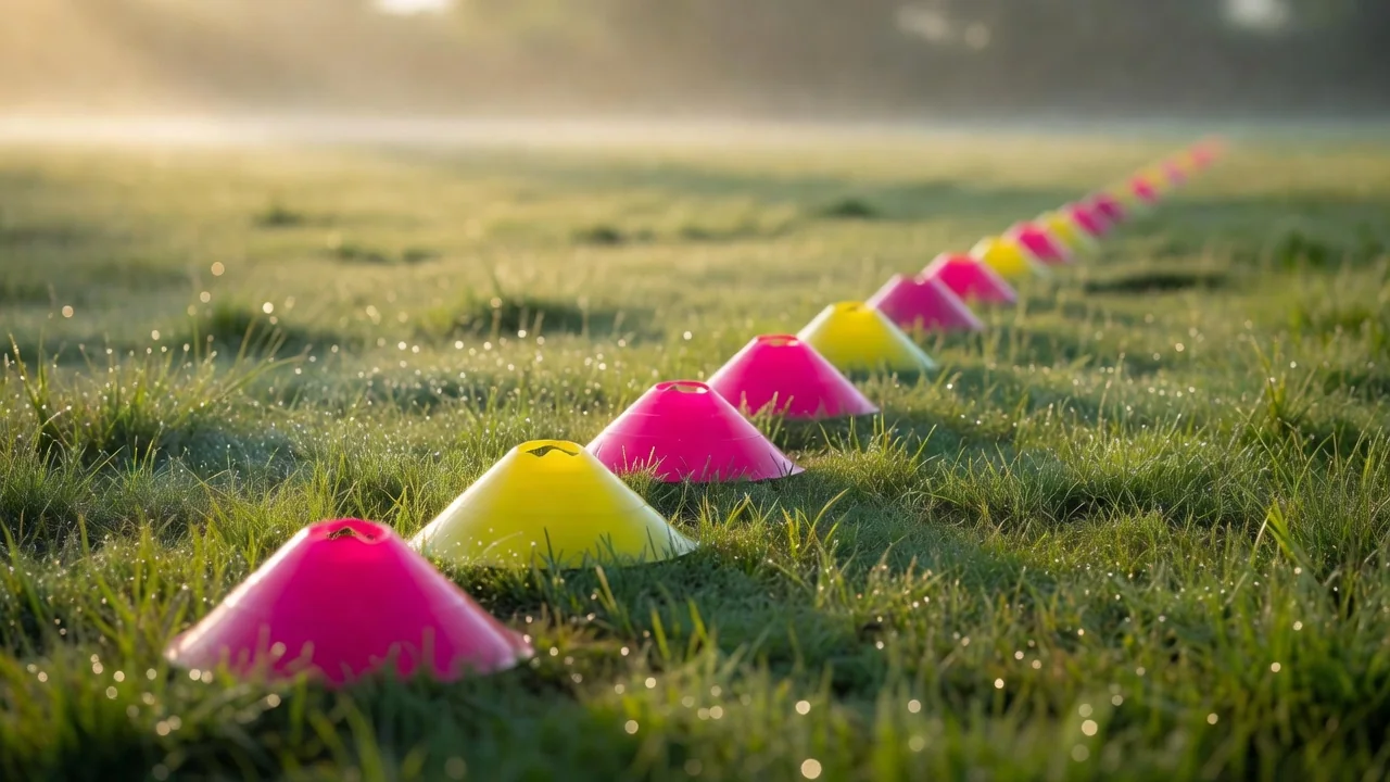 A line of bright training cones on a wet morning pitch